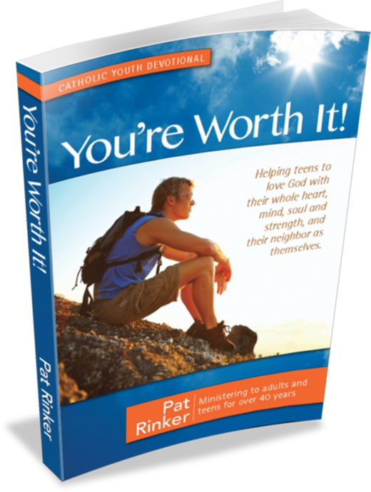 The paperback cover of You're Worth It! by Pat Rinker, showing a young hiker resting on a mountain at sunrise